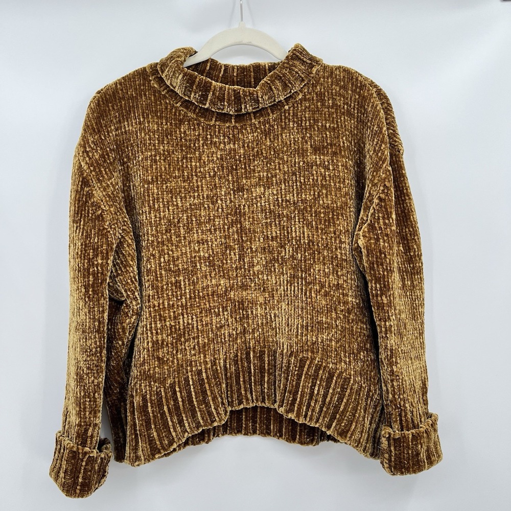 Women's Sweater Velvet Chelsea & Theodore Mock Mustard Yellow Brown Crop Relax